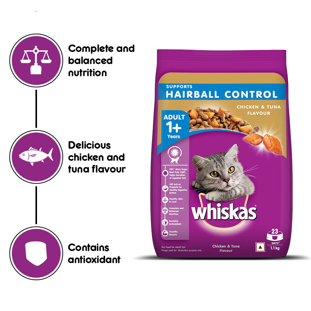 Whiskas Chicken Tuna Flavour Hairball Control Dry Cat Food for Adult Wag N Tails