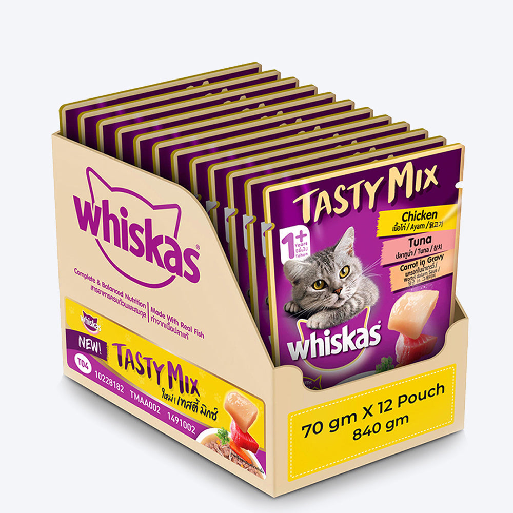 Whiskas Adult Tasty Mix Wet Cat Food Made With Real Fish, Chicken With Tuna And Carrot in Gravy - 70 g (Pack Of 12)-1