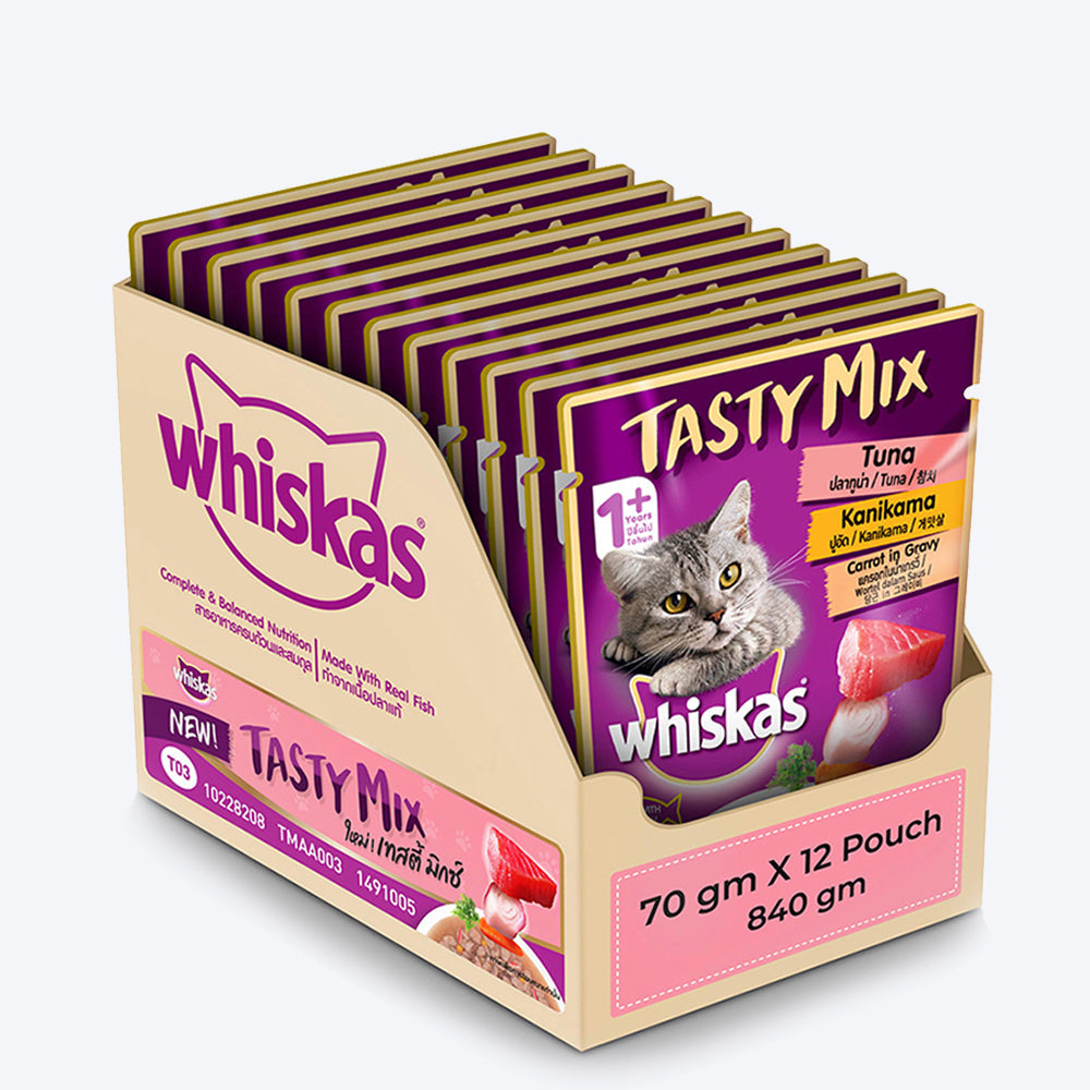 Whiskas Adult Tasty Mix Wet Cat Food Made With Real Fish, Tuna With Kanikama And Carrot in Gravy - 70 g (Pack Of 12)-1
