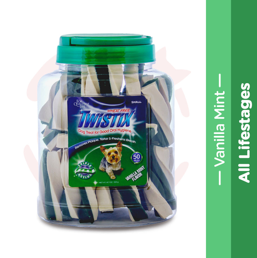 Twistix Dog Treats - Canister Vanilla Mint Small - 50 Sticks