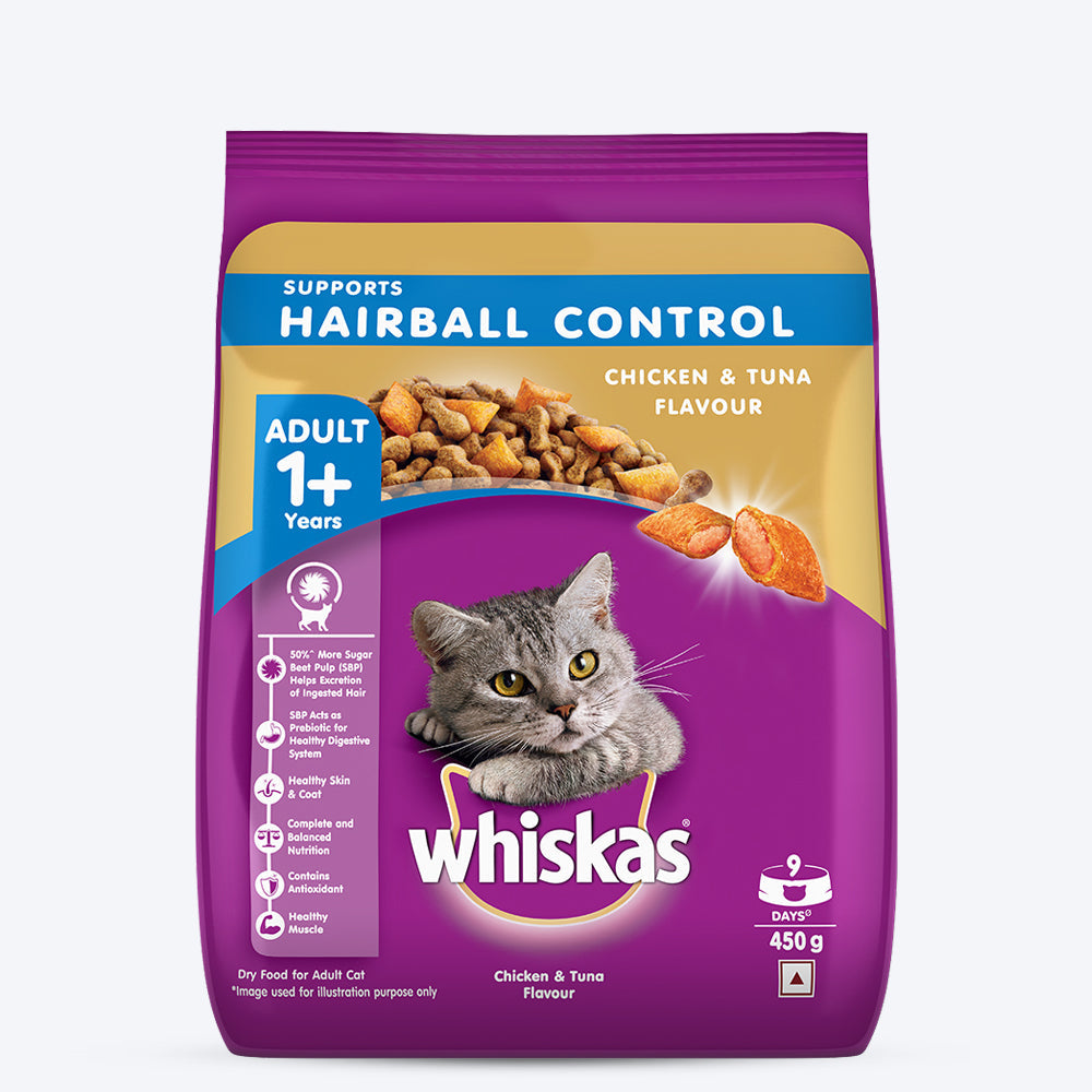Whiskas  Chicken & Tuna Flavour Hairball Control Dry Cat Food for Adult Cats (1+ Years) - 450 g - 