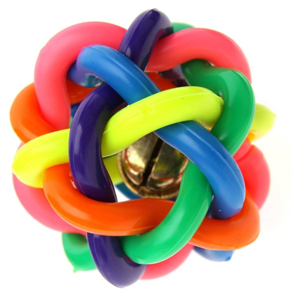 Dog Chew Knot Ball Rainbow Colorful Rubber Cord Woven Toy with Jingle Bell Inside
