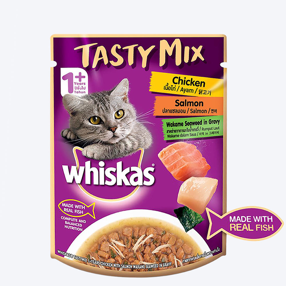 Whiskas Adult (1+ year) Tasty Mix Wet Cat Food Made With Real Fish, Chicken With Salmon Wakame Seaweed in Gravy - 70 g1