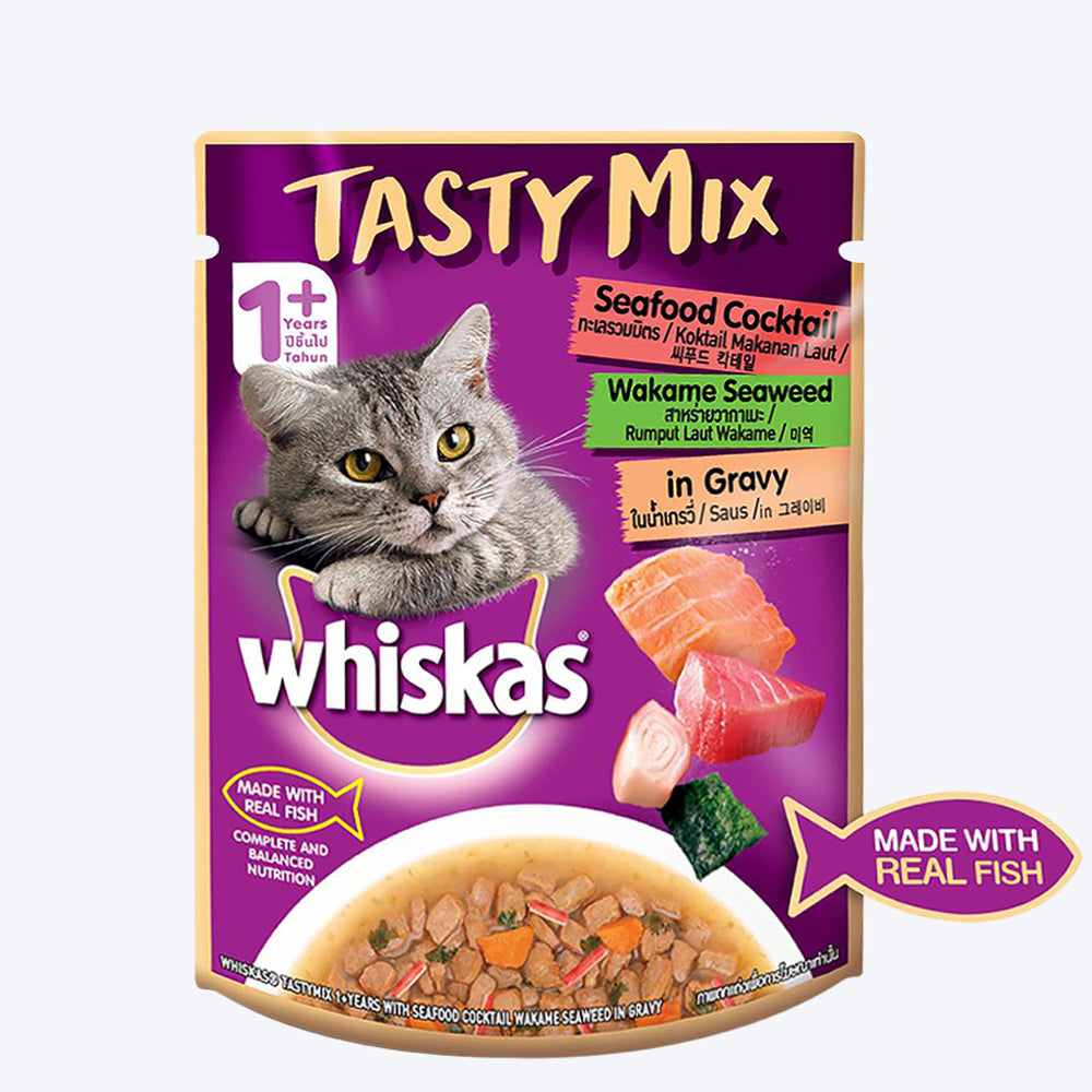 Whiskas Adult (1+ year) Tasty Mix Wet Cat Food Made With Real Fish, Seafood Cocktail Wakame Seaweed in Gravy - 70 g1