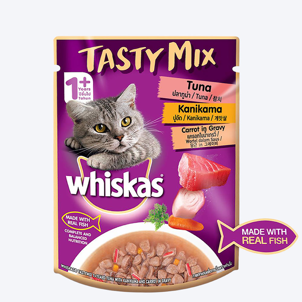 Whiskas Adult (1+ year) Tasty Mix Wet Cat Food Made With Real Fish, Chicken With Tuna And Carrot in Gravy - 70 g (Pack of 12) - 